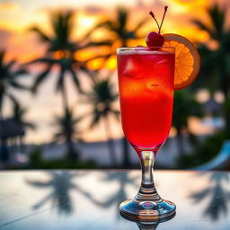 A vibrant cocktail named 'Paradise Fire,' featuring a stunning blend of orange juice, cranberry juice, and vodka