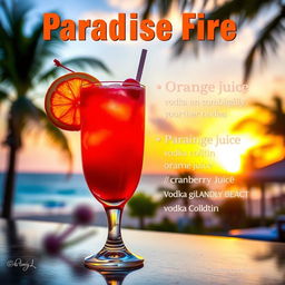 A vibrant cocktail named 'Paradise Fire,' featuring a stunning blend of orange juice, cranberry juice, and vodka