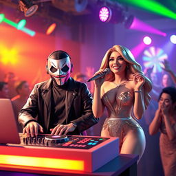 A realistic 3D illustration of a male DJ wearing a stylish mask, standing confidently behind a DJ console, surrounded by vibrant lights and a lively crowd