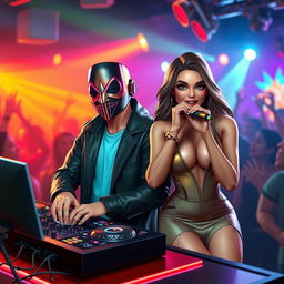 A realistic 3D illustration of a male DJ wearing a stylish mask, standing confidently behind a DJ console, surrounded by vibrant lights and a lively crowd
