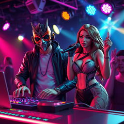 A realistic 3D illustration of a male DJ wearing a stylish mask, standing confidently behind a DJ console, surrounded by vibrant lights and a lively crowd