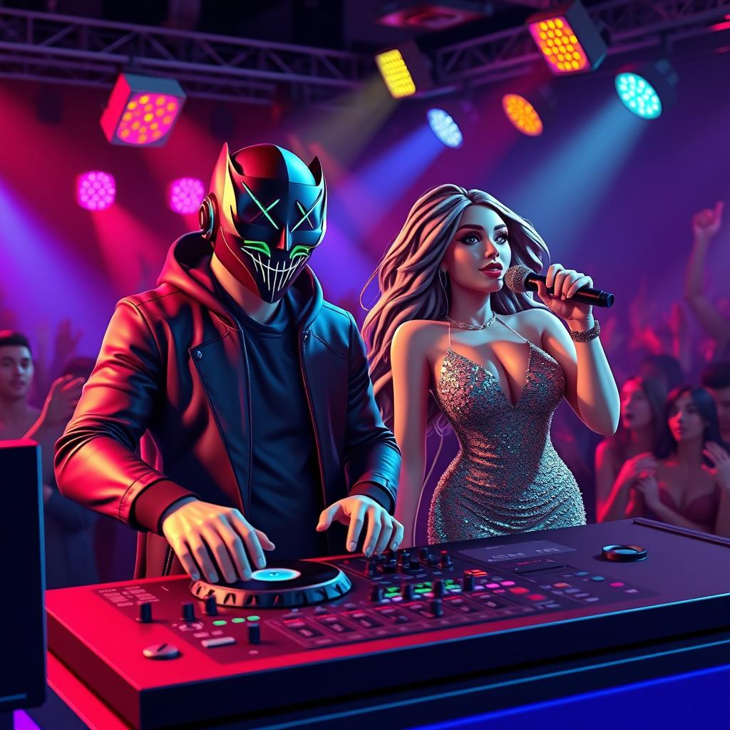 A realistic 3D illustration of a male DJ wearing a stylish mask, standing confidently behind a DJ console, surrounded by vibrant lights and a lively crowd
