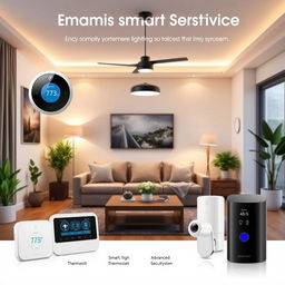 A modern electronic home service setup showcasing various smart home devices such as a smart thermostat, smart lights, and an advanced security system