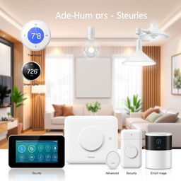 A modern electronic home service setup showcasing various smart home devices such as a smart thermostat, smart lights, and an advanced security system