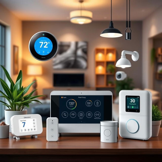 A modern electronic home service setup showcasing various smart home devices such as a smart thermostat, smart lights, and an advanced security system