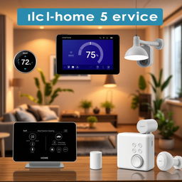 A modern electronic home service setup showcasing various smart home devices such as a smart thermostat, smart lights, and an advanced security system