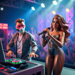 A realistic 3D scene featuring a male DJ wearing a stylish mask, standing behind a DJ booth with colorful lights and sound equipment