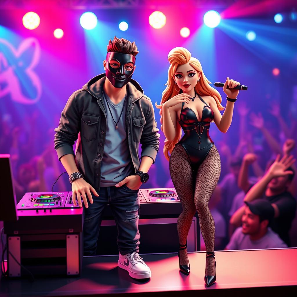 A realistic 3D scene featuring a male DJ wearing a stylish mask, standing behind a DJ booth with colorful lights and sound equipment