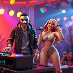 A realistic 3D scene featuring a male DJ wearing a stylish mask, standing behind a DJ booth with colorful lights and sound equipment
