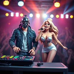 A realistic 3D scene featuring a male DJ wearing a stylish mask, standing behind a DJ booth with colorful lights and sound equipment