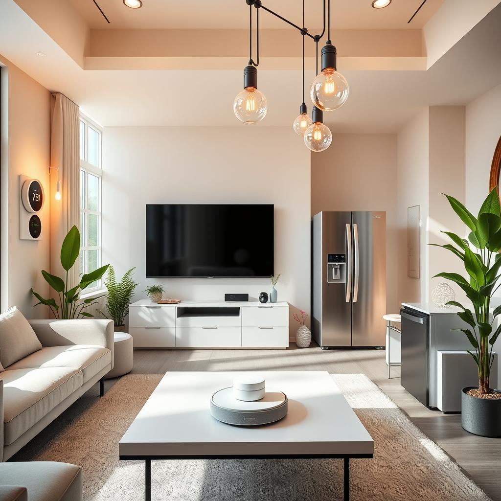A modern and sleek electronic home service setup showcasing smart home devices in an aesthetically pleasing living room