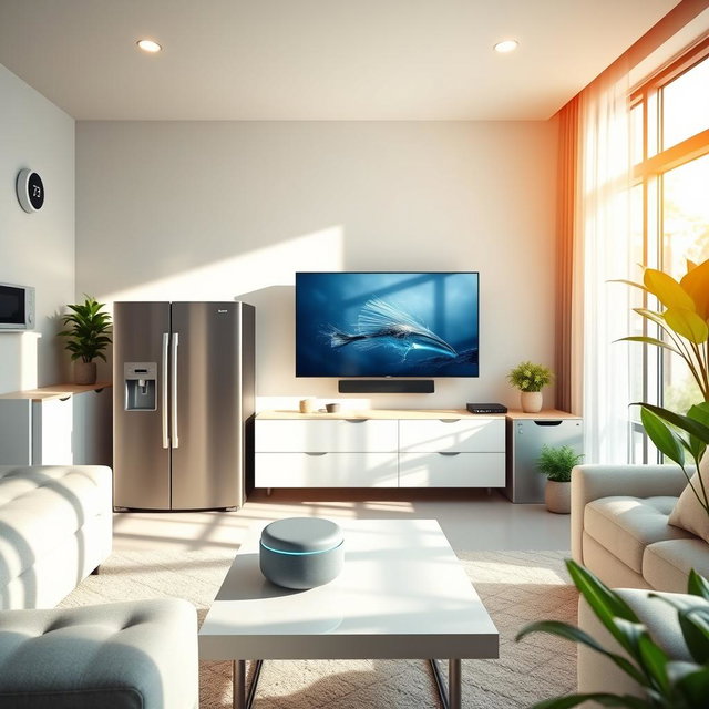 A modern and sleek electronic home service setup showcasing smart home devices in an aesthetically pleasing living room