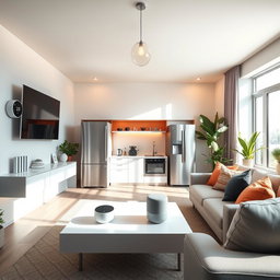 A modern and sleek electronic home service setup showcasing smart home devices in an aesthetically pleasing living room