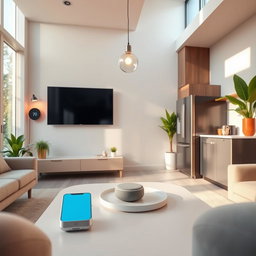 A modern and sleek electronic home service setup showcasing smart home devices in an aesthetically pleasing living room