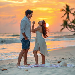 A romantic scene depicting a passionate kiss between a young couple on a beautiful beach at sunset