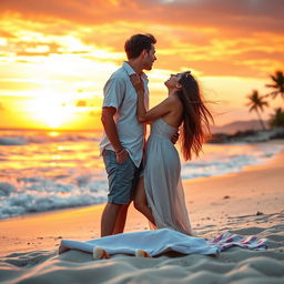 A romantic scene depicting a passionate kiss between a young couple on a beautiful beach at sunset