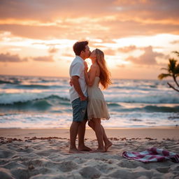 A romantic scene depicting a passionate kiss between a young couple on a beautiful beach at sunset
