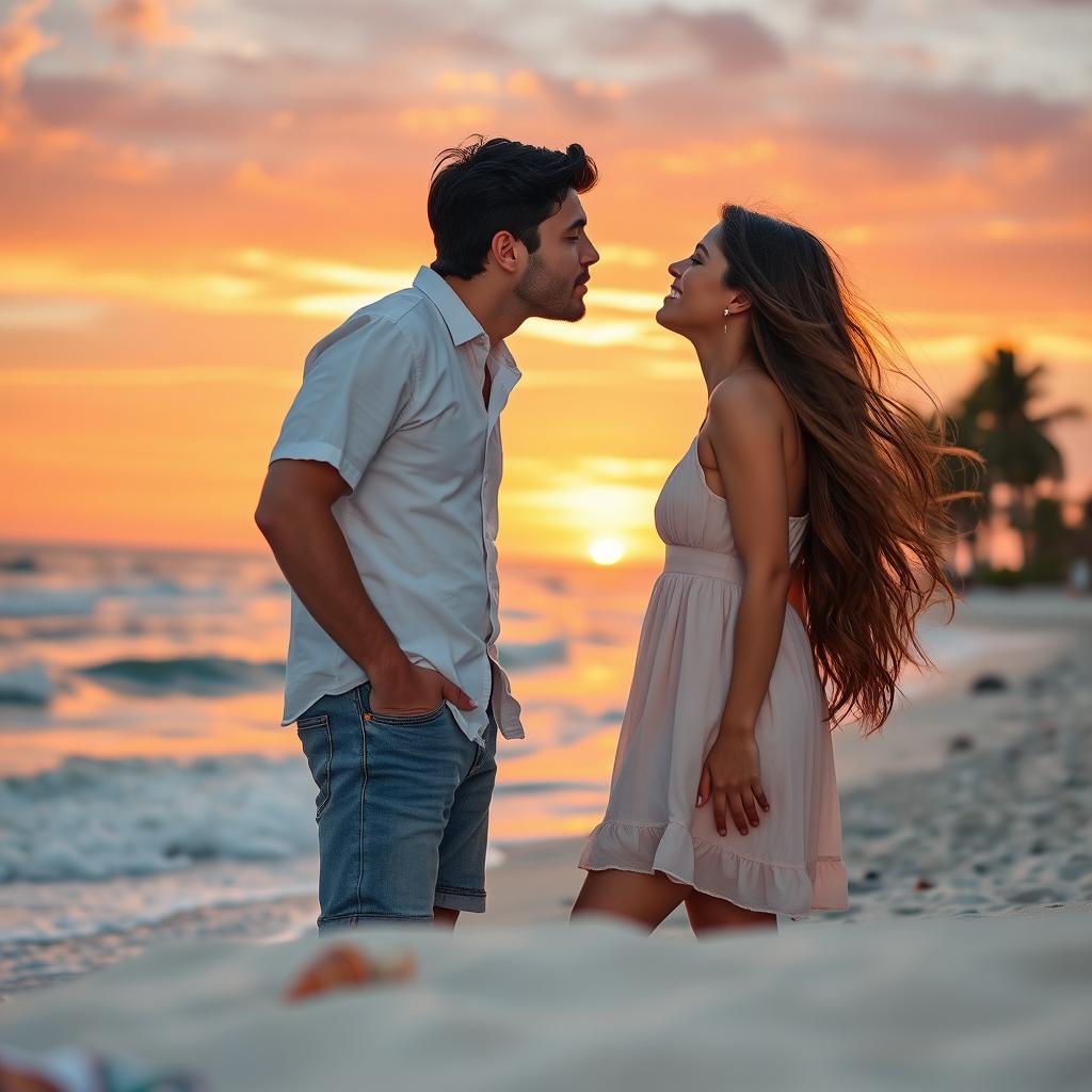 A romantic scene depicting a passionate kiss between a young couple on a beautiful beach at sunset