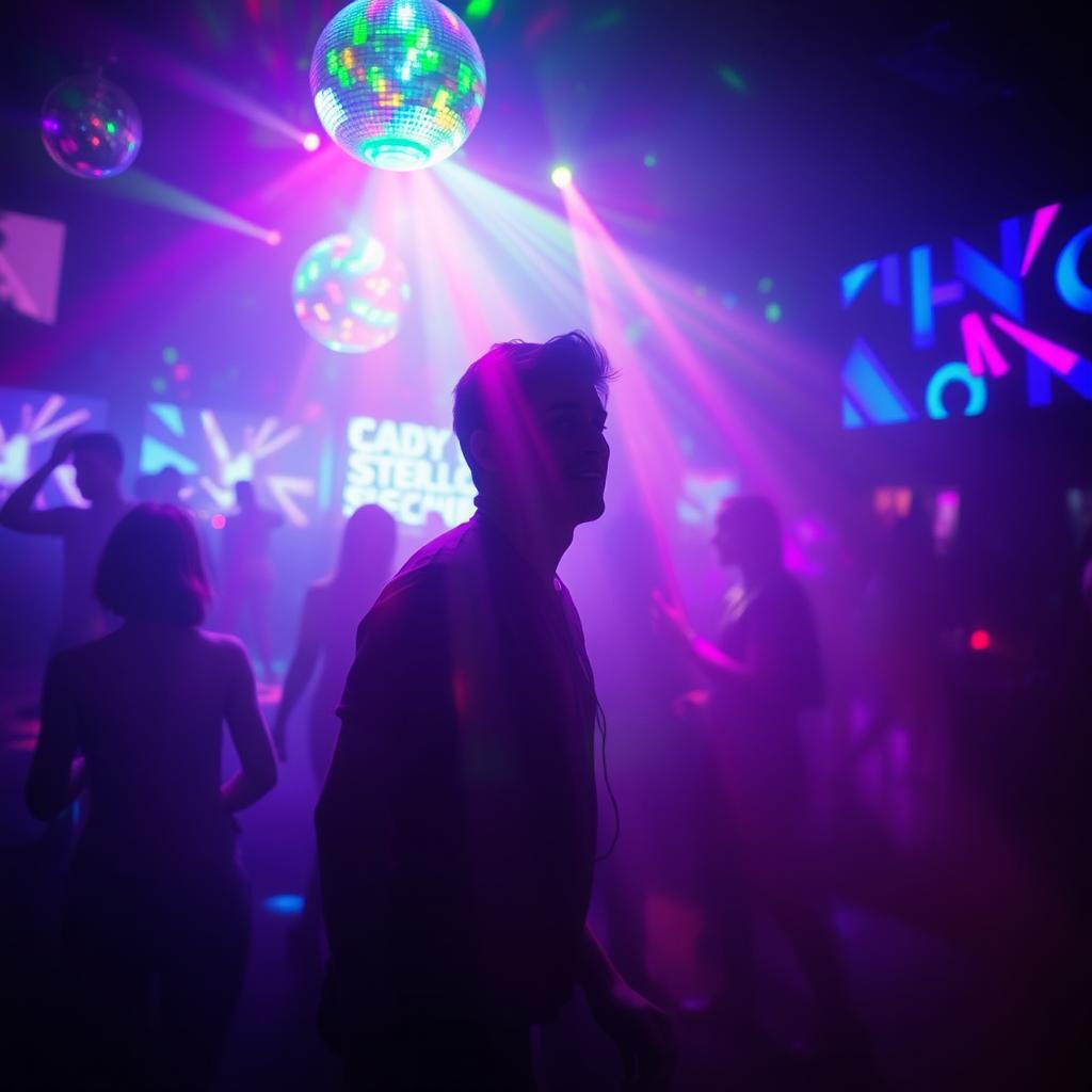 An atmospheric scene titled 'Lost in the Lights', depicting a mesmerizing and vibrant nightlife setting