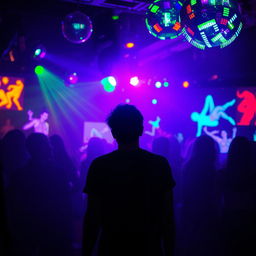 An atmospheric scene titled 'Lost in the Lights', depicting a mesmerizing and vibrant nightlife setting