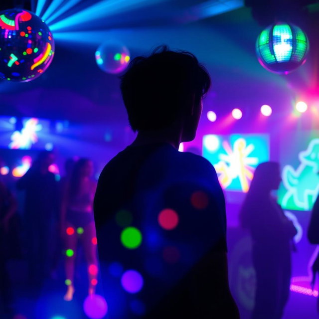 An atmospheric scene titled 'Lost in the Lights', depicting a mesmerizing and vibrant nightlife setting