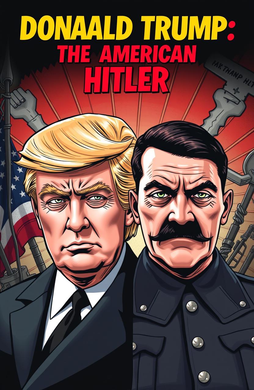 A conceptual artwork depicting a side-by-side comparison of Donald Trump and Adolf Hitler, emphasizing the dramatic tension between the two figures