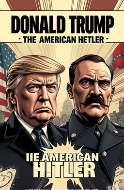A conceptual artwork depicting a side-by-side comparison of Donald Trump and Adolf Hitler, emphasizing the dramatic tension between the two figures