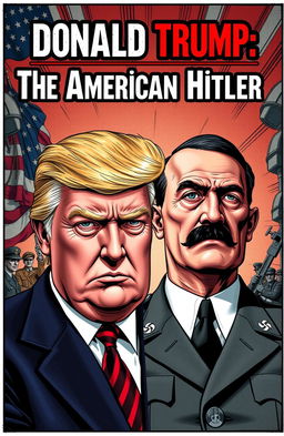 A conceptual artwork depicting a side-by-side comparison of Donald Trump and Adolf Hitler, emphasizing the dramatic tension between the two figures