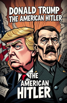 A conceptual artwork depicting a side-by-side comparison of Donald Trump and Adolf Hitler, emphasizing the dramatic tension between the two figures