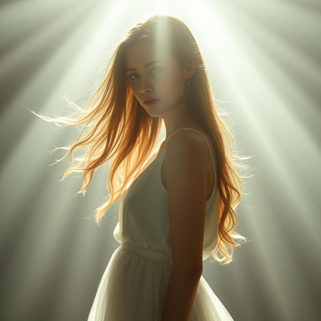 A captivating portrait of a lone female figure lost in ethereal light, surrounded by a dreamlike atmosphere