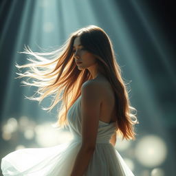 A captivating portrait of a lone female figure lost in ethereal light, surrounded by a dreamlike atmosphere