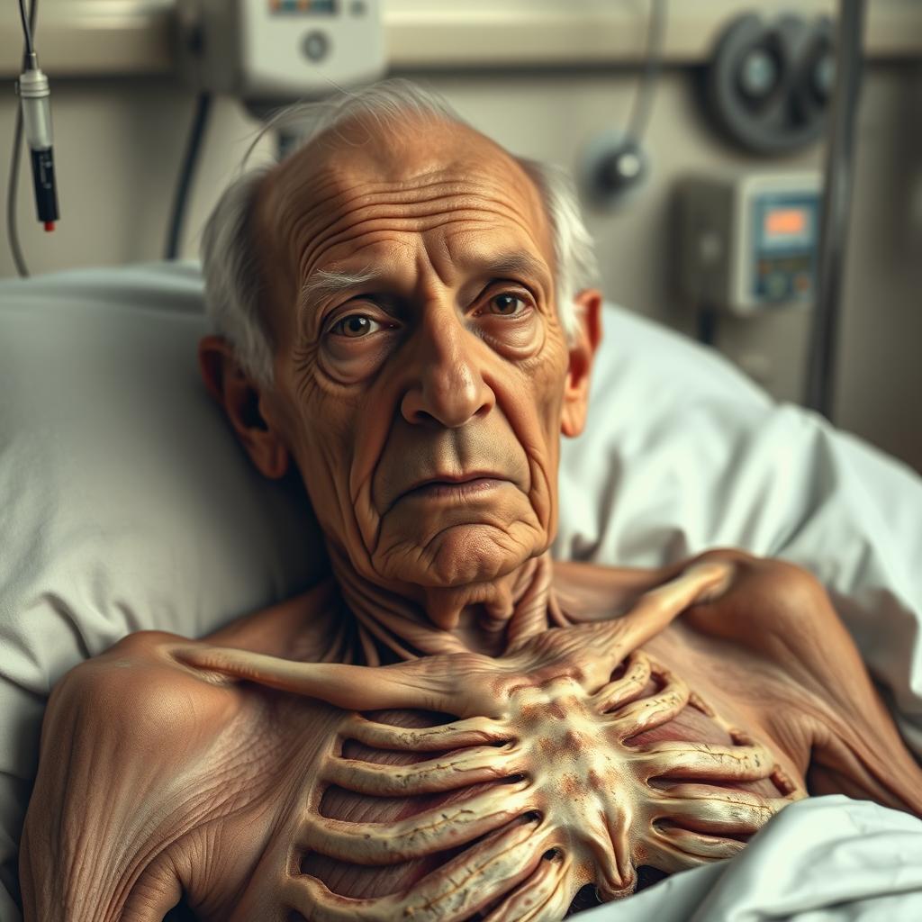 A powerful portrait of a resilient old man lying in a hospital bed, his frail body weighing just 60 lbs, with skin tightly stretched over his bones