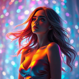 A stunning 3D rendering of a female figure lost amidst a dazzling array of colorful lights