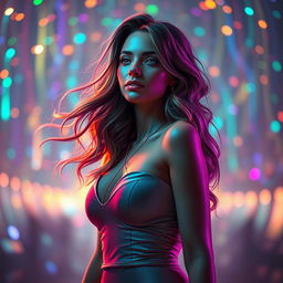 A stunning 3D rendering of a female figure lost amidst a dazzling array of colorful lights