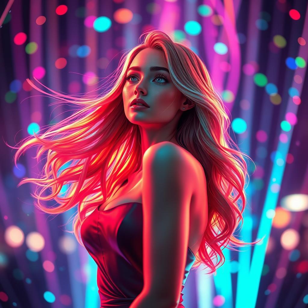 A stunning 3D rendering of a female figure lost amidst a dazzling array of colorful lights