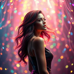 A stunning 3D rendering of a female figure lost amidst a dazzling array of colorful lights