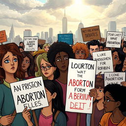 A thought-provoking illustration depicting a protest scene, featuring diverse individuals holding signs with various messages related to the abortion debate