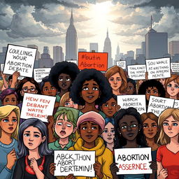 A thought-provoking illustration depicting a protest scene, featuring diverse individuals holding signs with various messages related to the abortion debate
