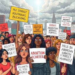 A thought-provoking illustration depicting a protest scene, featuring diverse individuals holding signs with various messages related to the abortion debate
