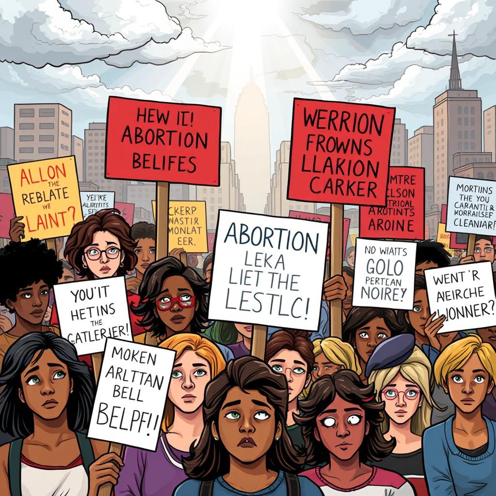 A thought-provoking illustration depicting a protest scene, featuring diverse individuals holding signs with various messages related to the abortion debate