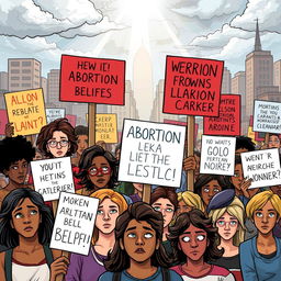 A thought-provoking illustration depicting a protest scene, featuring diverse individuals holding signs with various messages related to the abortion debate