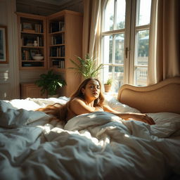 A serene interior scene featuring a woman lying on a bed with soft, inviting sheets