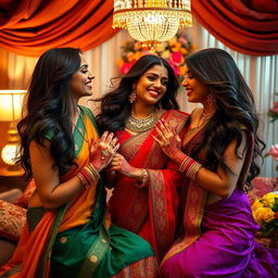 a sensual scene featuring three beautiful Indian women in a luxurious setting, showcasing their vibrant traditional attire, intricate henna designs on their hands, and flowing long hair
