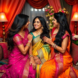 a sensual scene featuring three beautiful Indian women in a luxurious setting, showcasing their vibrant traditional attire, intricate henna designs on their hands, and flowing long hair