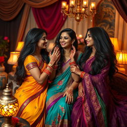 a sensual scene featuring three beautiful Indian women in a luxurious setting, showcasing their vibrant traditional attire, intricate henna designs on their hands, and flowing long hair