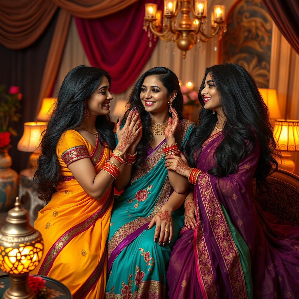 a sensual scene featuring three beautiful Indian women in a luxurious setting, showcasing their vibrant traditional attire, intricate henna designs on their hands, and flowing long hair