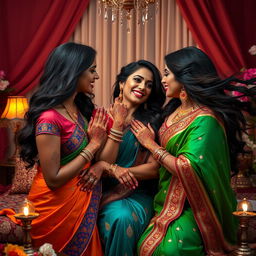 a sensual scene featuring three beautiful Indian women in a luxurious setting, showcasing their vibrant traditional attire, intricate henna designs on their hands, and flowing long hair