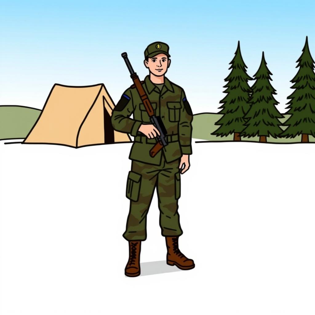 A simple military drawing featuring a soldier in uniform, standing at attention with a rifle slung over his shoulder
