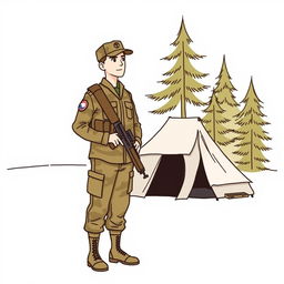 A simple military drawing featuring a soldier in uniform, standing at attention with a rifle slung over his shoulder