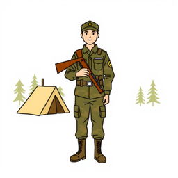 A simple military drawing featuring a soldier in uniform, standing at attention with a rifle slung over his shoulder